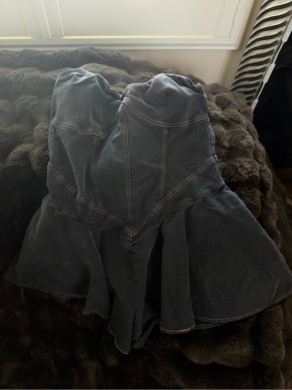 Fashion Nova Strapless Dark Gray Denim Peplum Romper